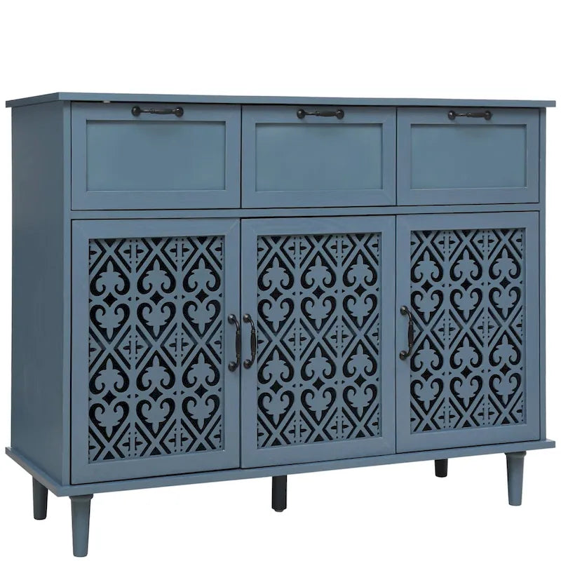 3-Door 3-Drawer Accent Cabinet with Carved Floral Panel Doors and Black Handles