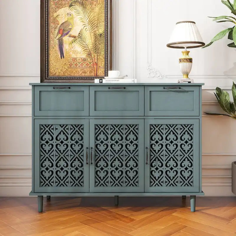 3-Door 3-Drawer Accent Cabinet with Carved Floral Panel Doors and Black Handles