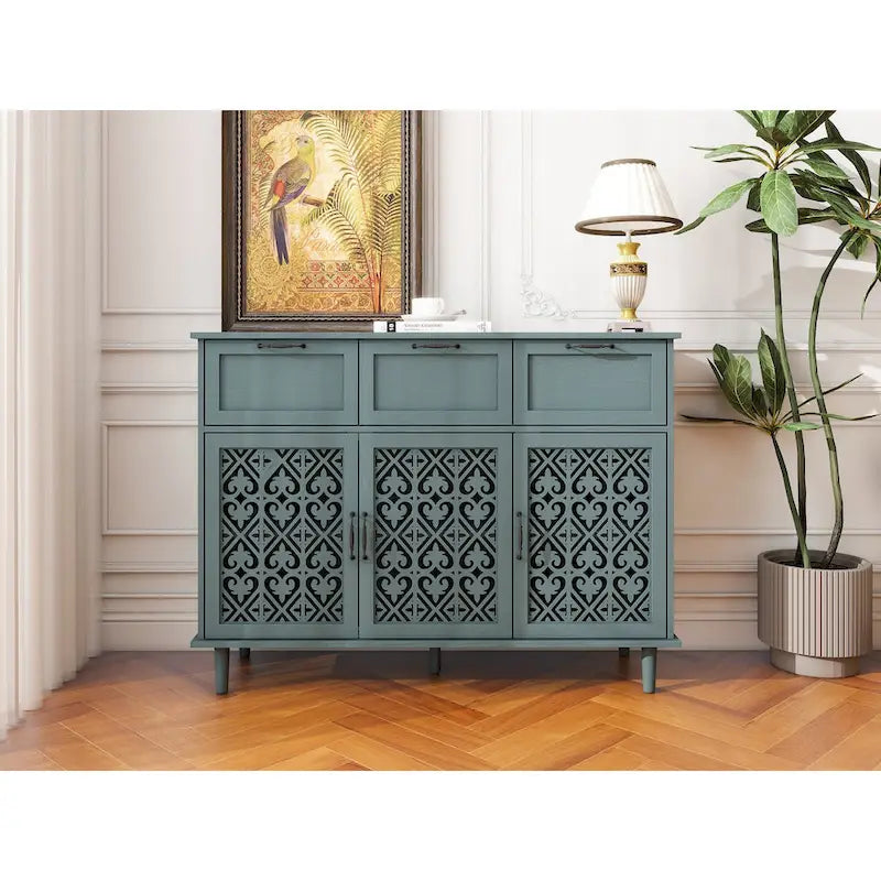 3-Door 3-Drawer Accent Cabinet with Carved Floral Panel Doors and Black Handles