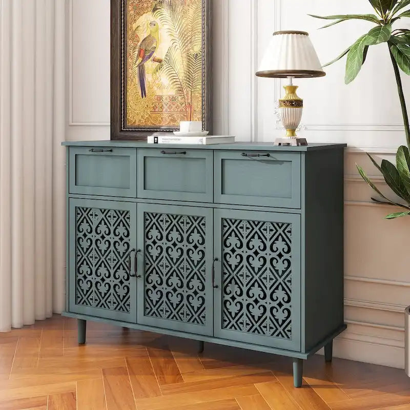3-Door 3-Drawer Accent Cabinet with Carved Floral Panel Doors and Black Handles