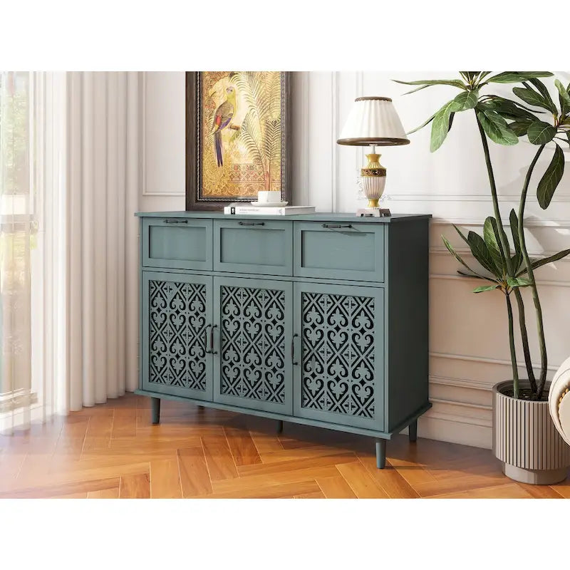 3-Door 3-Drawer Accent Cabinet with Carved Floral Panel Doors and Black Handles