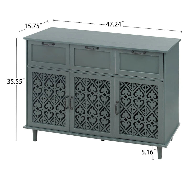 3-Door 3-Drawer Accent Cabinet with Carved Floral Panel Doors and Black Handles