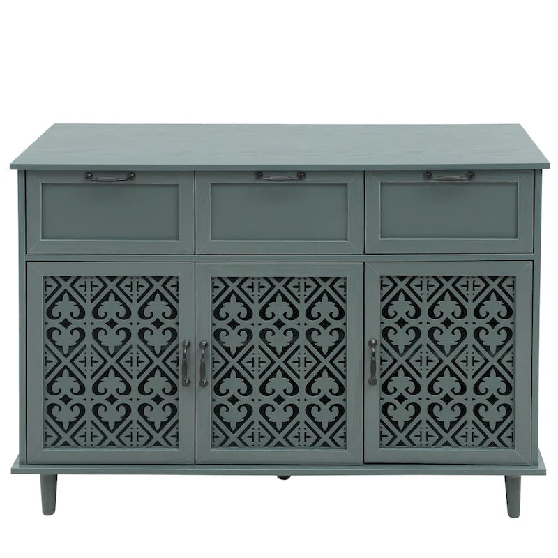 3-Door 3-Drawer Accent Cabinet with Carved Floral Panel Doors and Black Handles