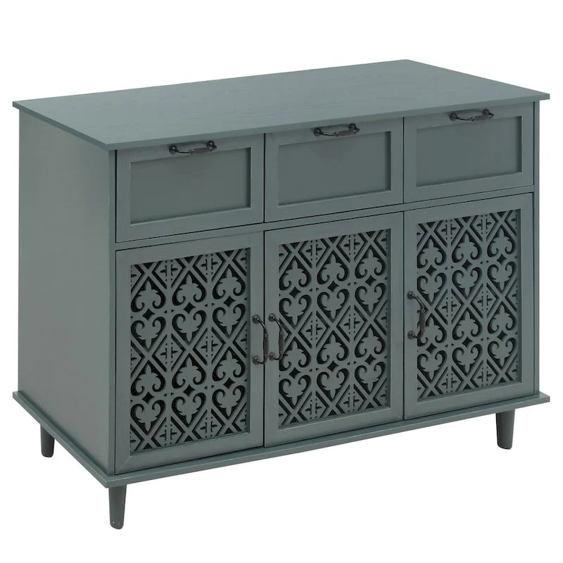 3-Door 3-Drawer Accent Cabinet with Carved Floral Panel Doors and Black Handles