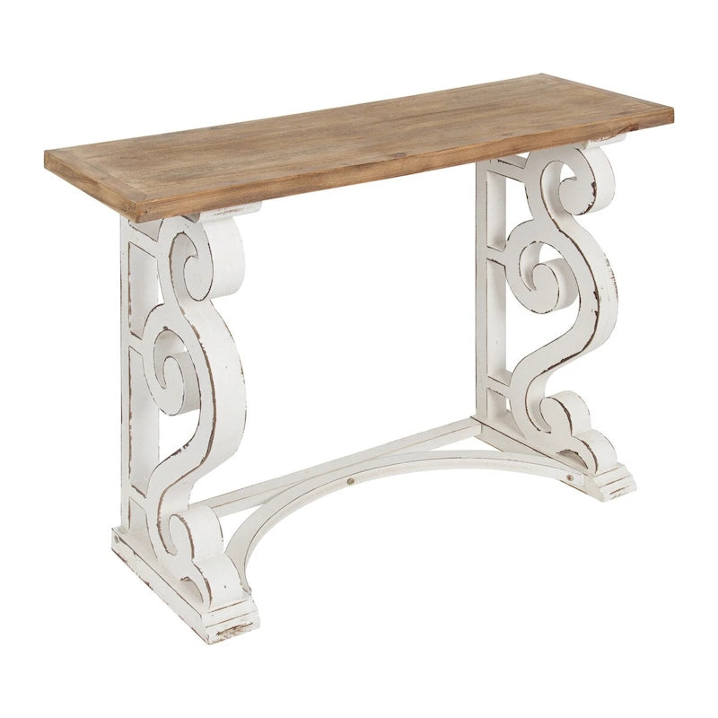 Rustic French Provincial Solid Wood Console Table with Carved Scroll Legs