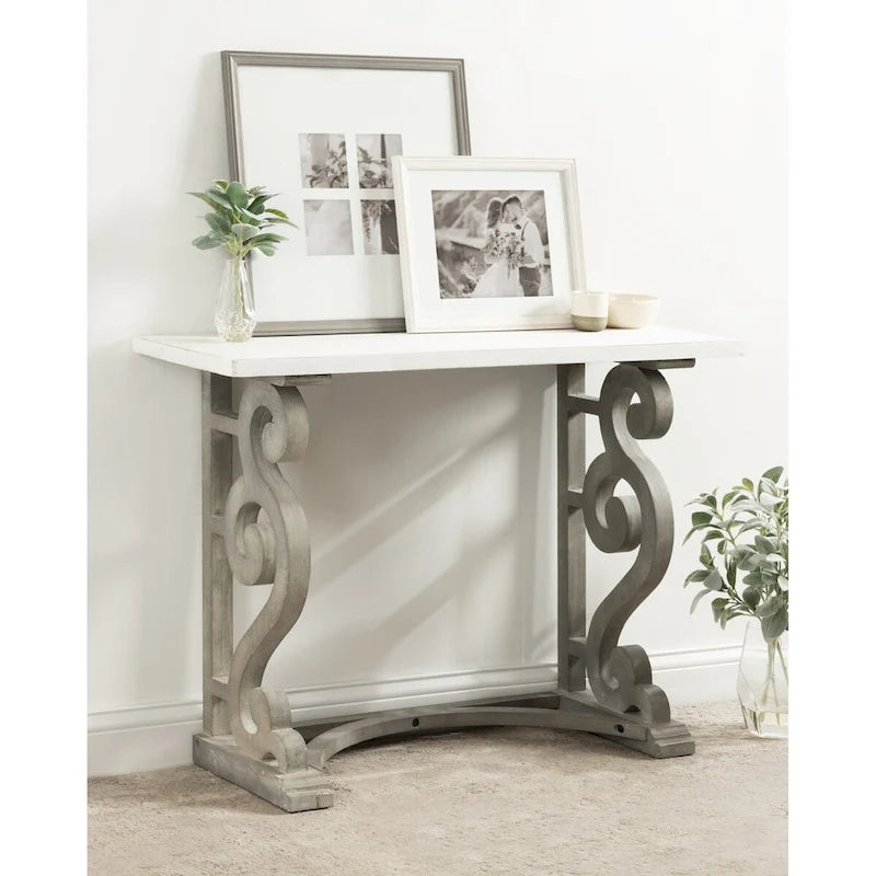 Rustic French Provincial Solid Wood Console Table with Carved Scroll Legs