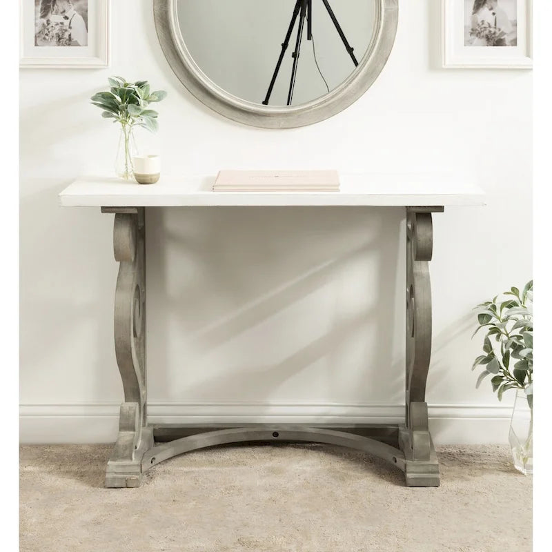 Rustic French Provincial Solid Wood Console Table with Carved Scroll Legs