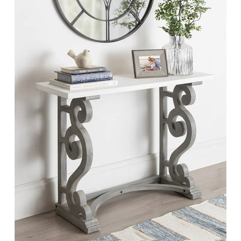 Rustic French Provincial Solid Wood Console Table with Carved Scroll Legs