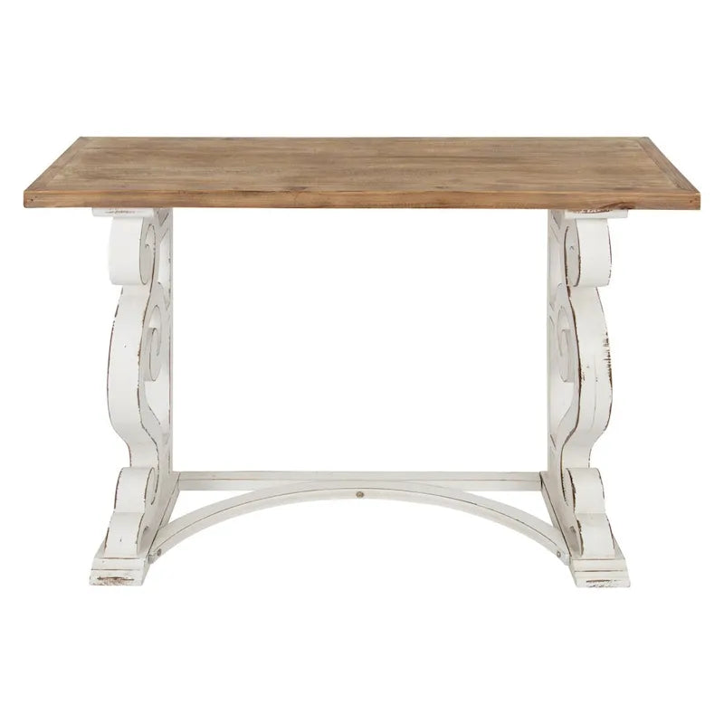 Rustic French Provincial Solid Wood Console Table with Carved Scroll Legs