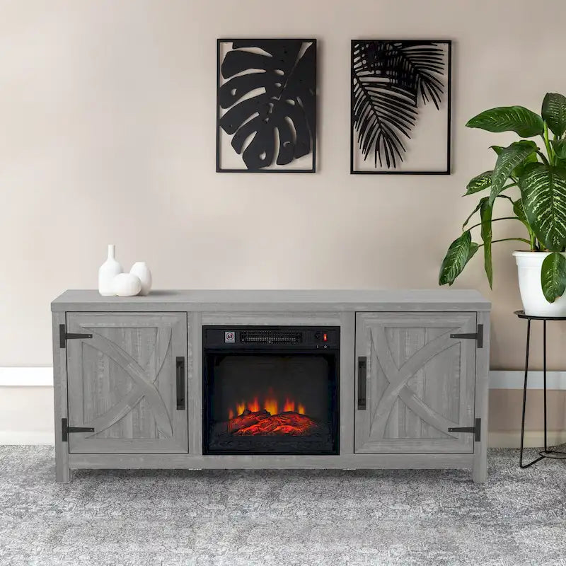 58 Inch Farmhouse Electric Fireplace TV Stand with Barn Door Cabinets and 3D Flame Effect