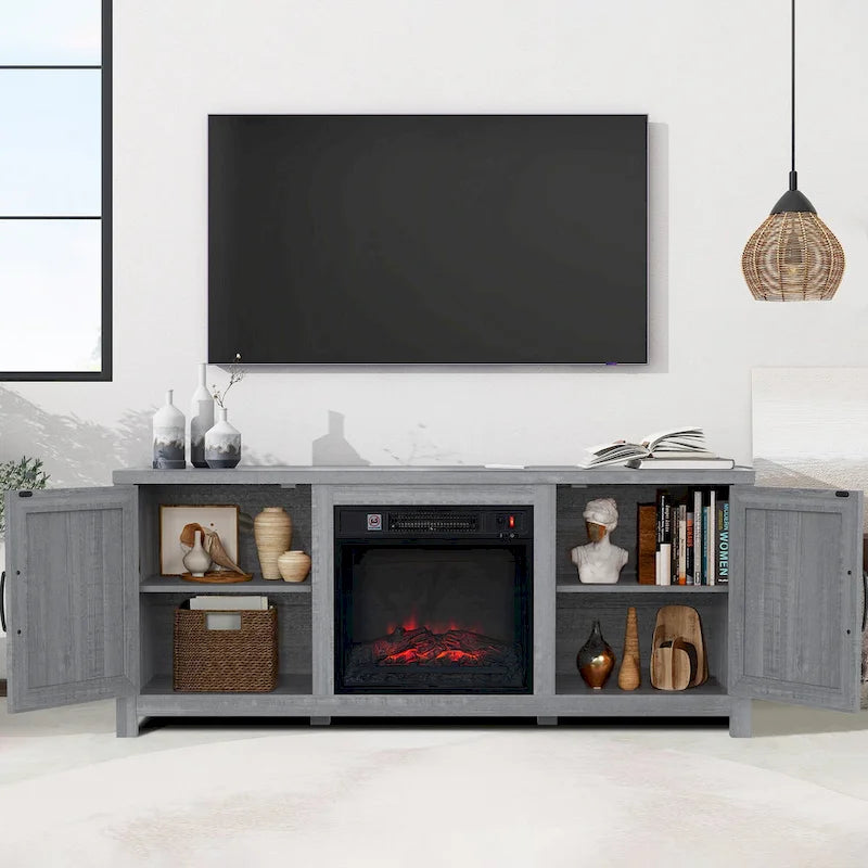 58 Inch Farmhouse Electric Fireplace TV Stand with Barn Door Cabinets and 3D Flame Effect