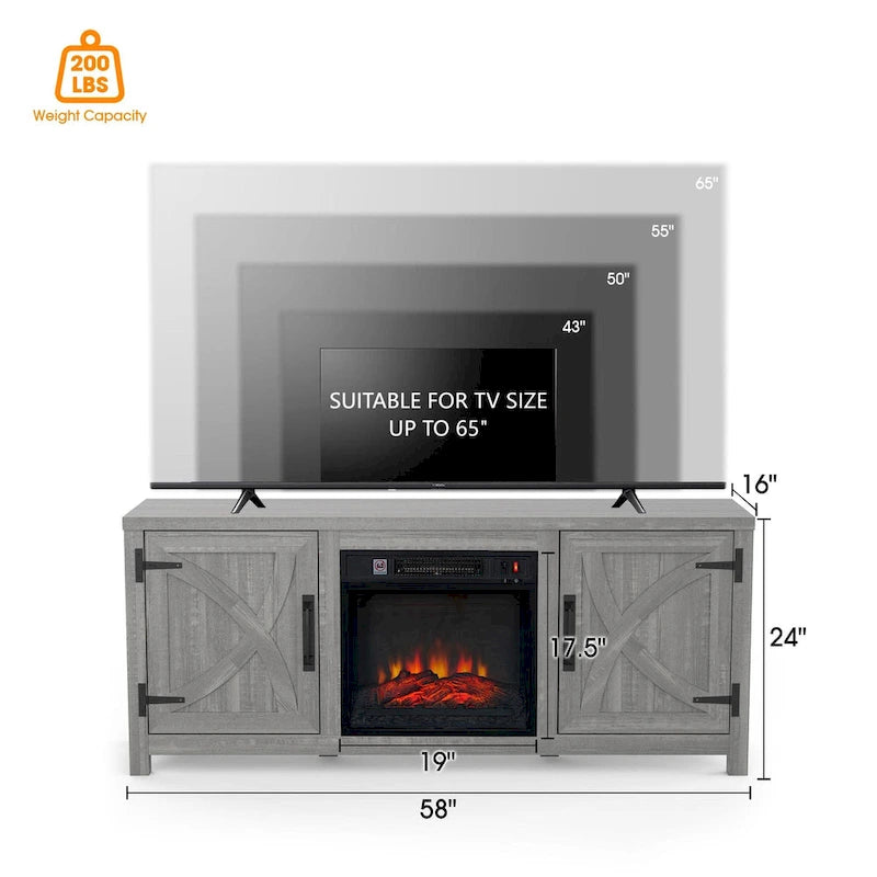 58 Inch Farmhouse Electric Fireplace TV Stand with Barn Door Cabinets and 3D Flame Effect
