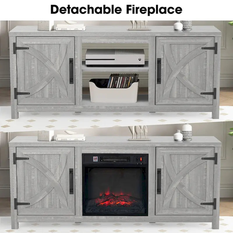58 Inch Farmhouse Electric Fireplace TV Stand with Barn Door Cabinets and 3D Flame Effect