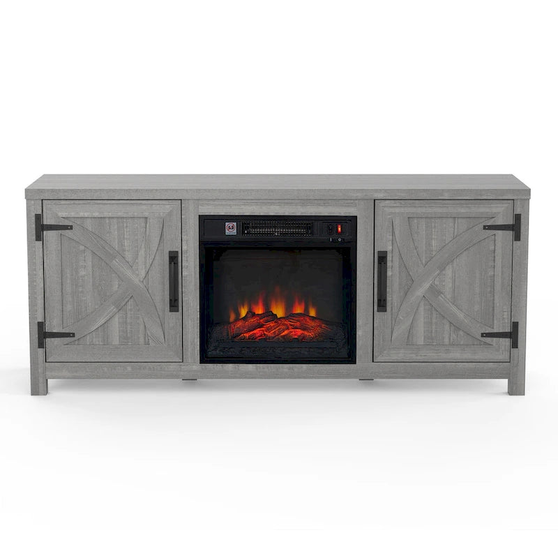 58 Inch Farmhouse Electric Fireplace TV Stand with Barn Door Cabinets and 3D Flame Effect