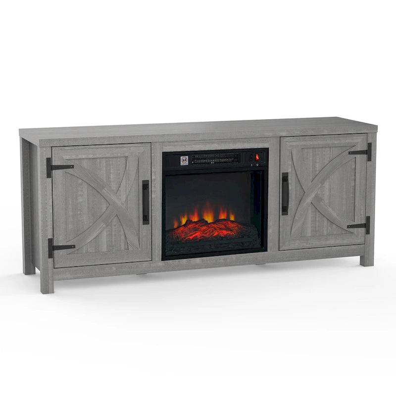 58 Inch Farmhouse Electric Fireplace TV Stand with Barn Door Cabinets and 3D Flame Effect
