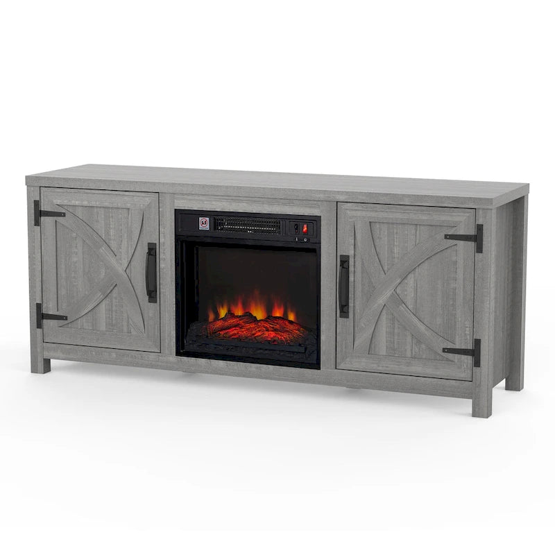 58 Inch Farmhouse Electric Fireplace TV Stand with Barn Door Cabinets and 3D Flame Effect
