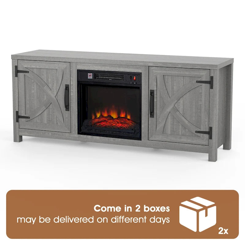 58 Inch Farmhouse Electric Fireplace TV Stand with Barn Door Cabinets and 3D Flame Effect