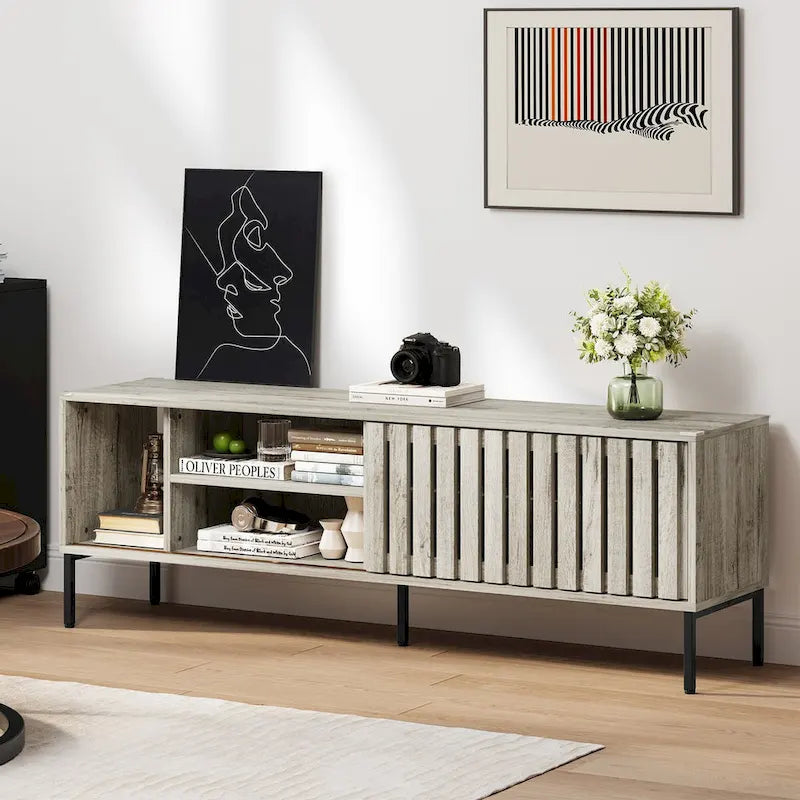 64 Inch TV Stand with Hollow Slat Sliding Doors Open Shelves Cable Management and Iron Legs for TVs Up to 70 Inches