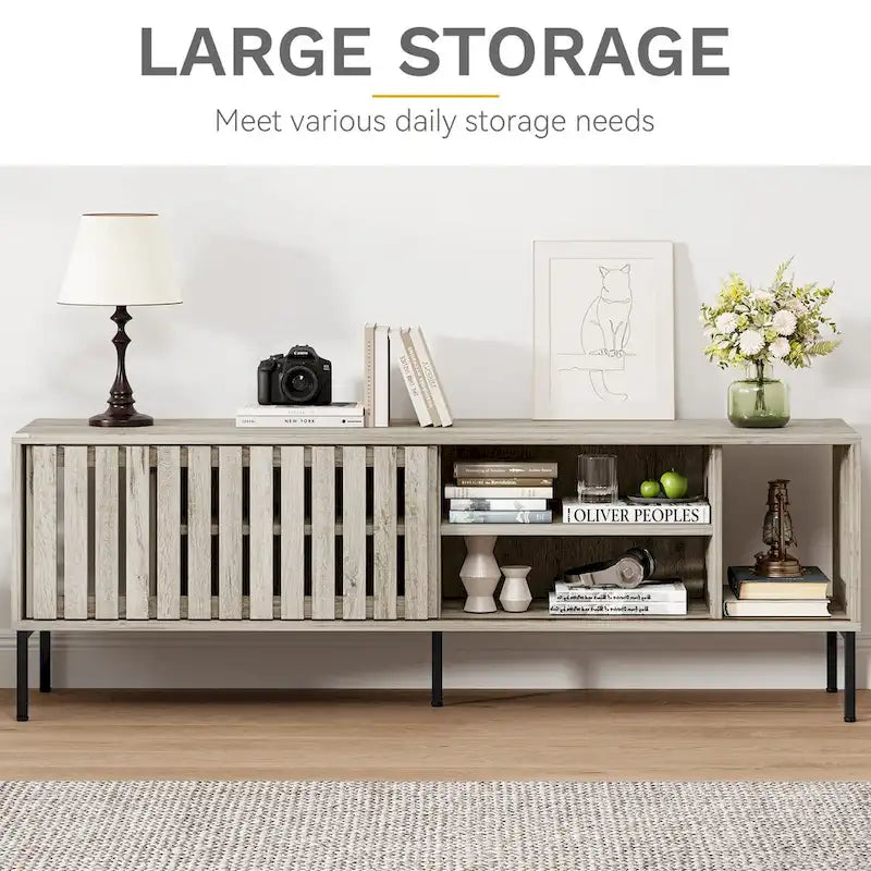 64 Inch TV Stand with Hollow Slat Sliding Doors Open Shelves Cable Management and Iron Legs for TVs Up to 70 Inches