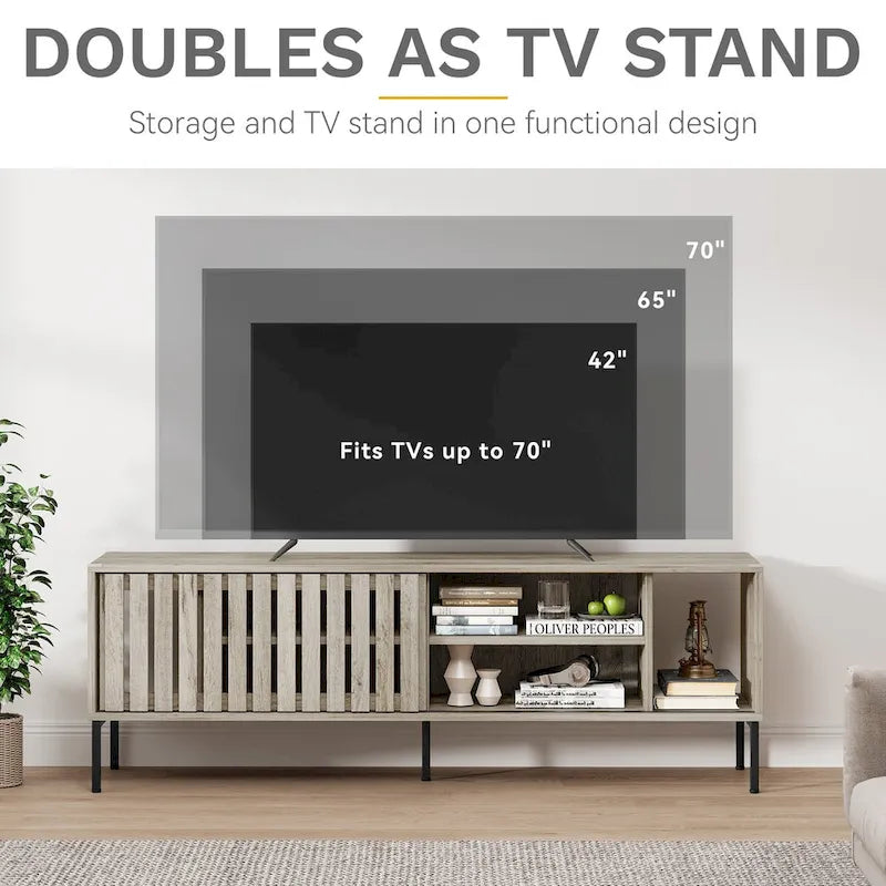 64 Inch TV Stand with Hollow Slat Sliding Doors Open Shelves Cable Management and Iron Legs for TVs Up to 70 Inches