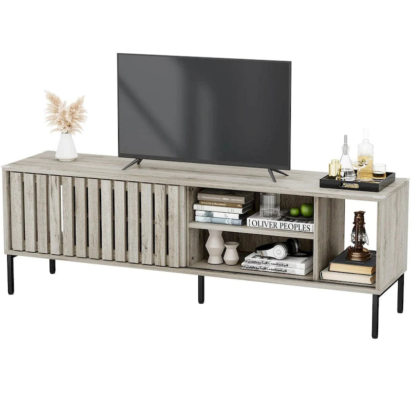 64 Inch TV Stand with Hollow Slat Sliding Doors Open Shelves Cable Management and Iron Legs for TVs Up to 70 Inches